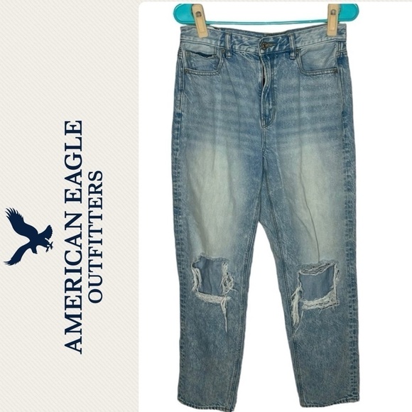 American Eagle Mineral Wash Destroyed Knee Straight Leg Mid Rise Jeans - Picture 2 of 16